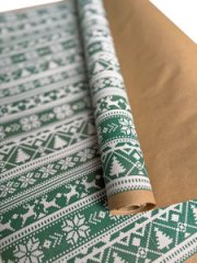 Упаковочная новогодняя бумага Свитер зеленый/белый на коричневом фоне 720мм/60гр/10м ± 5%