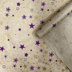 Крафт бумага Звезды сиреневый/золото на коричневом фоне 720мм/40гр/10м± 5%