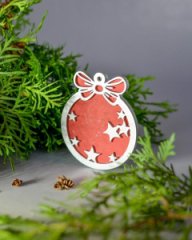 Игрушка новогодняя двухслойная Звезды в шаре с бантом красная/серебро 83 мм