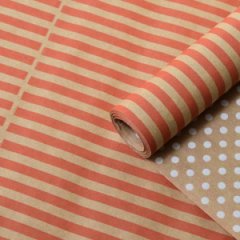 Крафт бумага двухст. Полоска красный/Крафтовый горох белый на коричневом 70 см* 8,5 м ±10 с