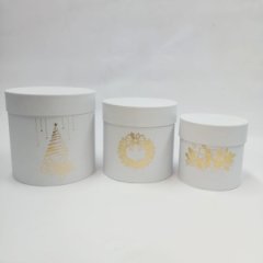 Набор шляпных коробок 3в1 белый с тиснением НГ золото,18*18/16*16/13*13