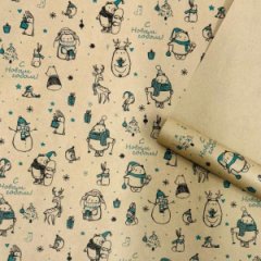 Упаковочная бумага Новогодние друзья изумруд/черный на коричневом фоне 720мм/60гр/10м ± 5%