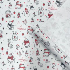 Упаковочная бумага Новогодние друзья красный/черный на белом фоне 720мм/60гр/10м ± 5%