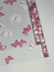 Пленка прозрачная двухцветная с рисунком Бабочки бело-розовая 70см*10ярд ± 5%