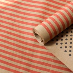 Крафт бумага двухст. Полоска красный/Крафтовый горох черный на коричневом 70 см* 8,5 м ±10 с
