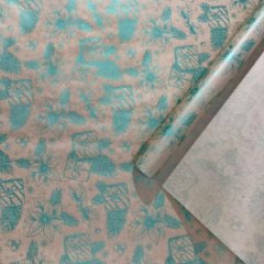 Упаковочная новогодняя бумага Цветы перламутровый изумруд  на коричневом 68см/40пл/10м