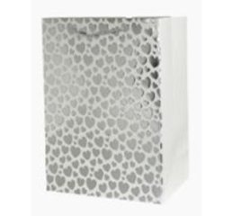 Пакет подарочный металлик Сердечки 32*26*12см, серебро