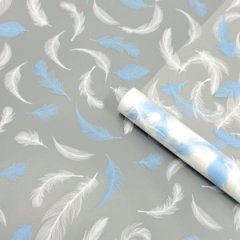 Пленка матовая Перья белый/голубой 60см 50мкм 10м