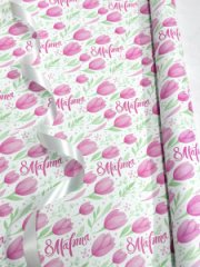 Крафт бумага 8 Марта акварель розовый/зеленый на белом фоне 700мм/60гр/10м ± 5%