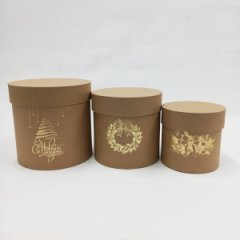 Набор шляпных коробок 3в1 крафт с тиснением НГ золото,18*18/16*16/13*13