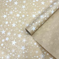 Крафт бумага Звезды белый на коричневом фоне 720мм/40гр/10м± 5%