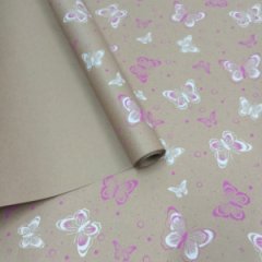 Крафт бумага Бабочки розовый/белый на коричневом фоне720мм/60гр/10м ± 5%