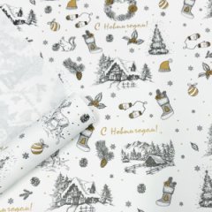Упаковочная бумага Деревенька золото/графитовый на белом фоне 720мм/60гр/10м ± 5%