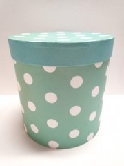 Коробка круглая (25*25) с рис. Горох белый на зеленом