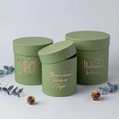 Набор шляпных коробок 3в1 оливковый с тиснением с Новым Годом  золото,18*18/16*16/13*13