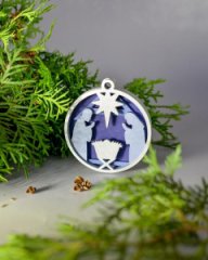 Игрушка новогодняя четырехслойная Рождество синяя/серебро 90 мм