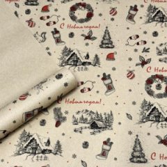 Упаковочная бумага Деревенька красный/черный на коричневом фоне 720мм/60гр/10м ± 5%