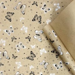 Крафт бумага Бабочки черный/белый на коричневом фоне 720мм/60гр/10м ± 5%