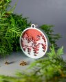 Игрушка новогодняя четырехслойная Олень в упряжке красная/серебро 90 мм