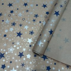 Крафт бумага Звезды голубой/серебро на коричневом фоне 720мм/40гр/10м± 5%