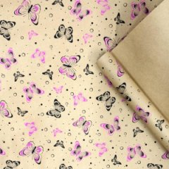 Крафт бумага Бабочки черный/розовый на коричневом фоне 720мм/60гр/10м ± 5%