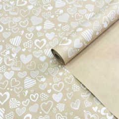 Крафт бумага Сердечное ассорти белый на коричневом фоне 720мм/60гр/10м ± 5%