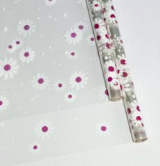 Пленка прозрачная двухцветная с рисунком Ромашка бело-фуксия 70см*10ярд ± 5%